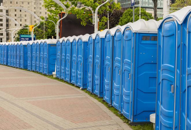 portable restrooms with sink and hand sanitizer stations, available at a festival in Mokena